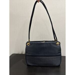 Rosenfeld Vintage Navy Blue Leather Shoulder Bag Gold Dragon Motif Push Clasp